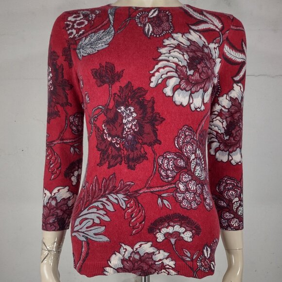 Talbots red black floral 100% Cashmere crew neck pullover sweater ladies XS - Picture 1 of 7